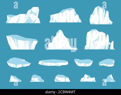 Set iceberg galleggiante Cartoon. Paesaggio di rocce di ghiaccio oceaniche per il concetto di protezione del clima e dell'ambiente. Iceberg freddo. Vettore Illustrazione Vettoriale