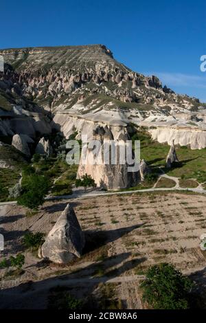 Il bellissimo paesaggio roccioso vulcanico che mostra una serie di camini delle fate a Pasabagi vicino a Zelve nella regione della Cappadocia in Turchia all'alba. Foto Stock