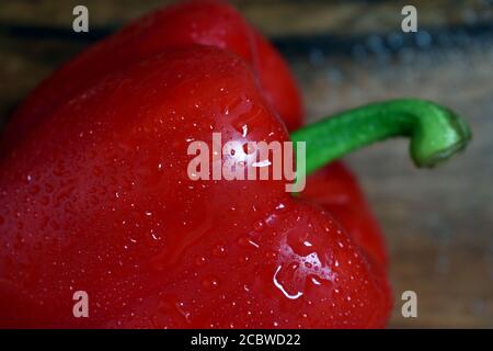 Foto ravvicinata del pepe rosso bagnato con gocce d'acqua. Foto Stock