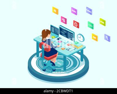 Vettore isometrico di un programmatore femmina software engineer codifica su desktop Illustrazione Vettoriale
