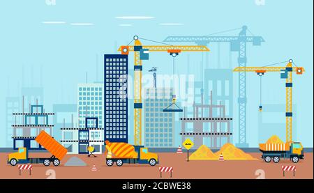 Vettore di un cantiere con macchine che costruiscono un alto complesso di appartamenti o uffici Illustrazione Vettoriale