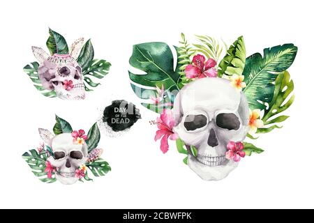 Cranio acquerello umano con bouquet floreali tropicali. Giornata messicana dei morti. Illustrazione di tropic Head helloween vintage. Design retrò per la morte del tatuaggio Foto Stock