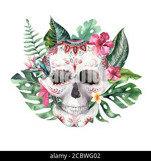 Cranio acquerello umano con bouquet floreali tropicali. Giornata messicana dei morti. Illustrazione di tropic Head helloween vintage. Design retrò per la morte del tatuaggio Foto Stock