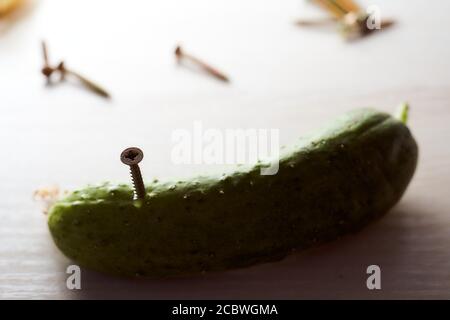 La vite viene ruotata in un cetriolo verde. Sfondo chiaro. Con spazio per la copia. Foto Stock