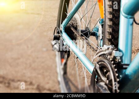 Primo piano di un meccanismo di ingranaggi di bicicletta e di una catena sulla ruota posteriore di mountain bike. Foto Stock