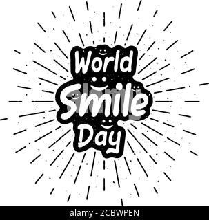 Giornata del sorriso del mondo con le lettere. Festa grunge vintage illustrazione con raggi di sole in background Illustrazione Vettoriale