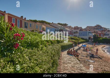 Case colorate circondate da fiori di oleandro sull'isola di Sardegna Foto Stock