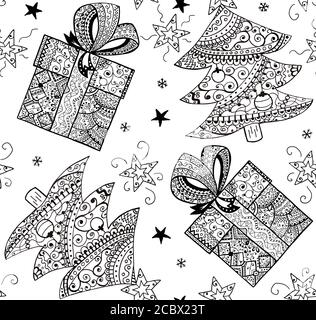 Albero di Natale e libro da colorare disegnato a mano regalo modello senza giunture. Oggetti di Natale ornamentali neri su sfondo bianco. Natale. Linea irregolare Foto Stock