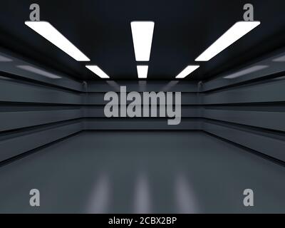 Interni scuri e puliti. Svuotare l'interno del piano aperto. Rendering 3D Foto Stock