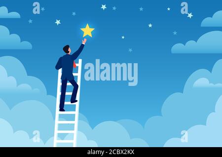 Successo dell'uomo d'affari. L'uomo sulla scala raggiunge le stelle sul cielo, realizza obiettivi e sogni. Carriera, leadership, concetto creativo flat vettoriale Illustrazione Vettoriale