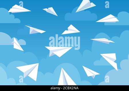 Piani di carta in cielo blu. Aeroplani volanti bianchi in nuvole da angolazioni e direzioni diverse. Concetto di lavoro di squadra, messaggio o vettore di viaggio Illustrazione Vettoriale