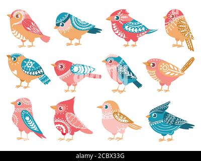 Uccelli decorativi. Uccello disegnato a mano con ornamenti folcloristici in stile scandinavo decorazione etnica di tendenza per le vacanze, set vettoriale Illustrazione Vettoriale