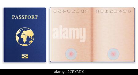 Mockup passaporto. Carta bianca realistica con filigrana passaporto straniero, copertina con globo, documento turistico, modello vettoriale Illustrazione Vettoriale