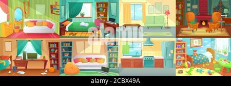 Interno della camera. Camera da letto, soggiorno, cucina, camera da letto per bambini con mobili. Camera teenage con letto, tavolo Illustrazione Vettoriale