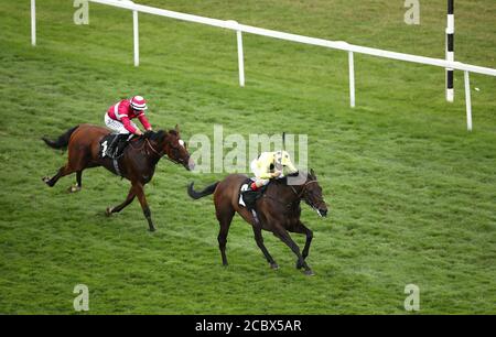 Senza UNA lotta guidata dal fantino Andrea Atzeni (a destra) sulla loro strada per vincere i Super Boost da Unibet Novice Stakes gara a Newbury Racecourse. Foto Stock