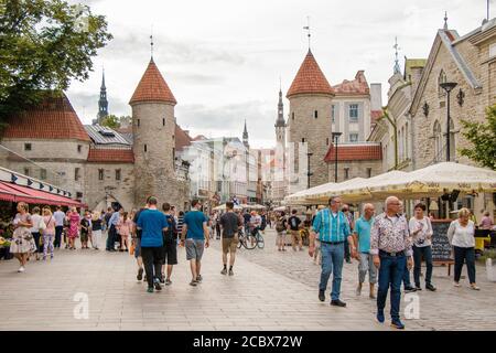 Porta Viru. Un paio di pittoresche torri adornano l'ingresso alla Città Vecchia lungo Viru Street. Foto Stock