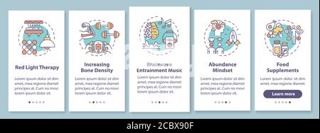 Tecniche di biohacking onboarding pagina app mobile con concetti. Istruzioni grafiche in cinque fasi per il miglioramento del corpo e della mente. vecto interfaccia utente Illustrazione Vettoriale