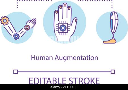 Icona del concetto di aumento umano. Body hacking, immagine in linea sottile dell'idea bioptica. Auto miglioramento con arti protesici e microchip. Isolo vettore Illustrazione Vettoriale