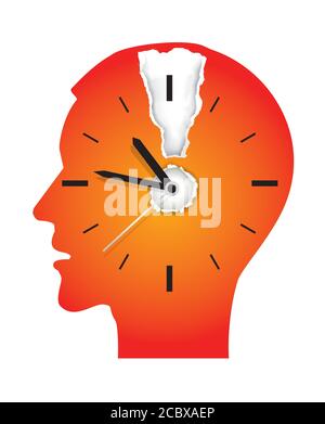 Deadline stress testa maschio silhouette. Immagine della sagoma della testa maschio stilizzata con punto esclamativo in carta strappata e orologio. Illustrazione vettoriale. Illustrazione Vettoriale