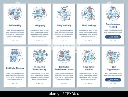 Schermata della pagina dell'app mobile per onboarding per biologia fai da te con set di concetti. Elementi e tecniche di biohacking: Istruzioni grafiche in cinque fasi. Interfaccia utente Illustrazione Vettoriale