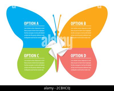 Adesivi per concept paper infografica Butterfly Silhouette. Illustrazione di Silhouette.Template farfalla colorata per la presentazione, pagina web. Illustrazione Vettoriale