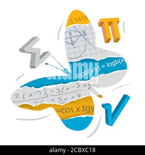 Facile apprendimento della matematica, concetto di farfalla. Silhouette farfalla con simboli matematici su carta strappata.concetto di facile apprendimento della matematica. Illustrazione Vettoriale