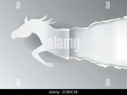 Carta horse ripping sfondo di carta grigio. Immagine della carta da ritagli con silhouette a cavallo. Backround con posto per il testo o l'immagine. Illustrazione Vettoriale