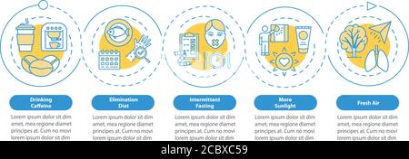 Modello infografico vettoriale delle tecniche di biohacking. Elementi di progettazione per la presentazione del miglioramento del corpo e della mente. Visualizzazione dei dati in cinque fasi. Processo Illustrazione Vettoriale