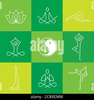 Icone verdi piatte Yoga. Set di icone Yoga line art. Simboli moderni per infografiche o web use.Vector disponibile. Illustrazione Vettoriale