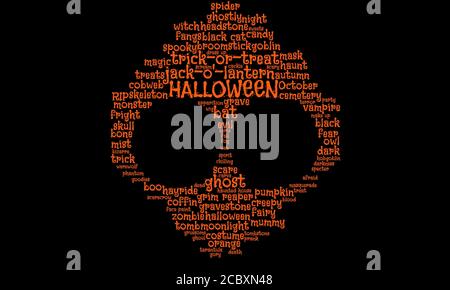 La nuvola di parola di Halloween in arancione testo su sfondo nero forma un ghoul, spok, alieno con grandi occhi fissi, concetto per paura, ottobre 31, costumi Foto Stock