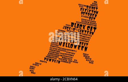 Nuvola di parole, nuvola di testo a forma di gatto nero su sfondo arancione, concetto per Halloween, trucco-o-trattare, costumi e tradizioni Foto Stock