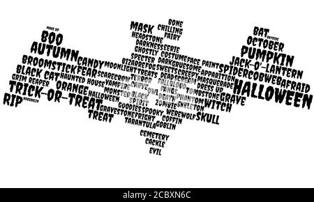 Nuvola di testo, nuvola di parole a forma di un vampiro pipistrello, ali sparse, concetto per Halloween, ottobre 31, trucco o trattare, costumi e tradizioni Foto Stock