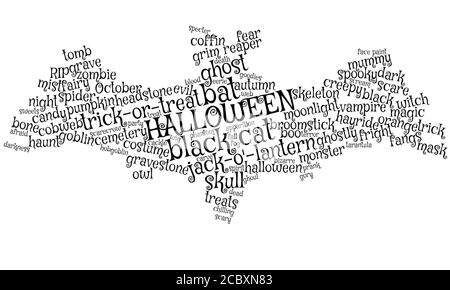 La nuvola di parola di Halloween forma la forma di un pipistrello nero con le ali sparse, concetto per ottobre 31, spaventose tradizioni e costumi, trucco o trattare, vampiri Foto Stock