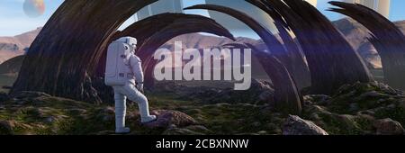 astronauta esplorando il paesaggio del mondo alieno, bellissimo ambiente sulla superficie di un pianeta lontano Foto Stock