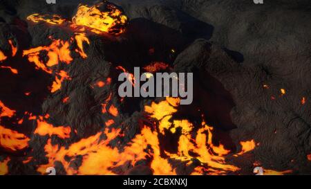 campo di lava, flusso di magma caldo, paesaggio fuso Foto Stock