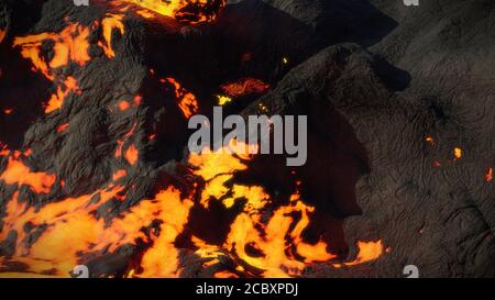 flusso di lava, flusso di magma ardente, paesaggio roccioso fuso Foto Stock