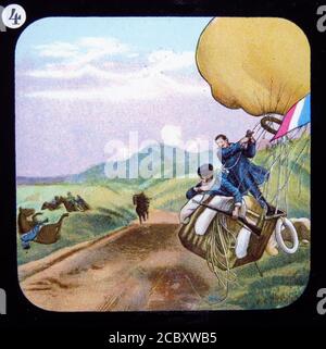 Una magica lanterna slide dal titolo "il posto di mongolfiera di Parigi" raffigurante una mongolfiera che trasporta la posta durante l'assedio di Parigi, Francia, 1870-1871. Dalla serie "The Conquest of the Air" pubblicata da W. Butcher & Sons, Londra intorno al 1910. Foto Stock