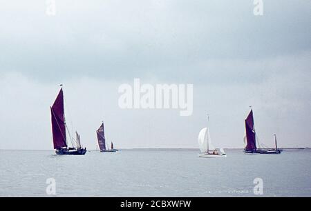 Spritsail rigged Thames barche a vela in gara nel Thames Sailing Barge Match. Primi anni '60. Foto Stock