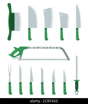 Coltelli per macellaio, coltelli da taglio vintage, coltelli da cucina Vector flat illustration isolati Illustrazione Vettoriale