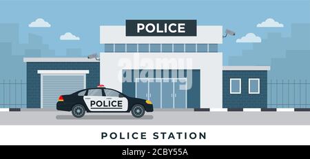 Edificio del reparto della stazione di polizia con auto di polizia in stile piatto isolato su sfondo bianco immagine del set vettoriale Illustrazione Vettoriale
