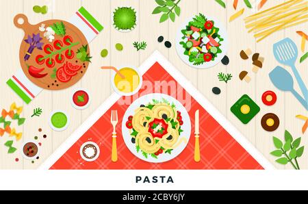 Pasta e ravioli cottura e ingredienti. Piatti di spaghetti isolati su bianco. Illustrazione vettoriale Illustrazione Vettoriale