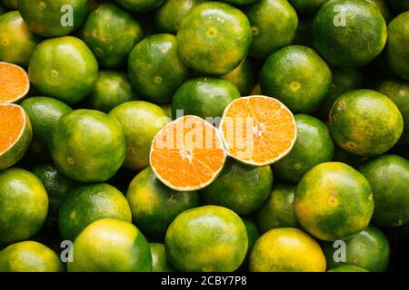 Appena raccolto green tangerini mandarini, clementine, come gli agrumi sfondo. Foto Stock