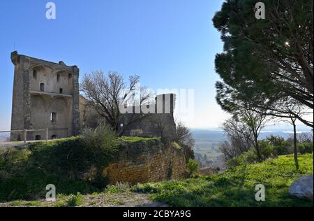 Le rovine del castello di Châteauneuf-du-Pape sopra la valle del Rodano, Provenza FR Foto Stock