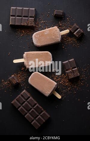 Gelato al cioccolato fatto in casa o papsicli guarniti con polvere di cacao, vista dall'alto Foto Stock