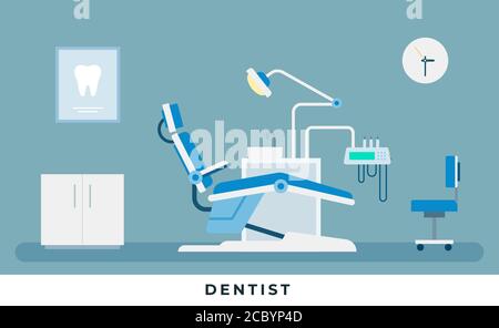 Concetto dentale di medicina. Infografica medica dentale. Studio dentistico con medico stomatologico sul posto di lavoro con attrezzature professionali per la cura dei denti Illustrazione Vettoriale