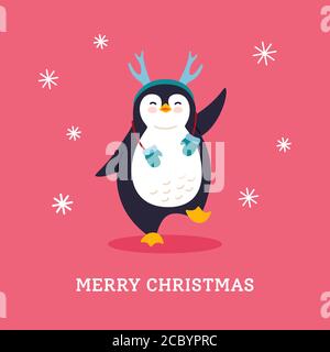 Cartolina vacanze invernali, pinguino cartone animato saluto Buon Natale. Divertente felice anno nuovo animale carattere invernale. Carino carta piatto mano disegnato pinguino banner. Illustrazione vettoriale isolata Illustrazione Vettoriale
