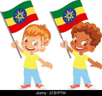 Bandiera dell'Etiopia in mano. Bambini con bandiera. Bandiera nazionale di Etiopia vettore Illustrazione Vettoriale