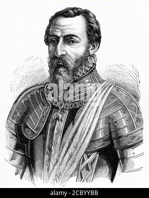 Incisione di Ferdinando Alvarez de Toledo, Duca d'Alva (1508-1582) generale e statista spagnolo. Come tenente generale nei Paesi Bassi 1567-1573, egli ha imposto il governo abrutale anti-protestante. Indossa l'ordine del vello d'oro. Foto Stock