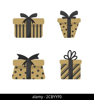 Scatole per regali in oro e tonalità scure isolate su sfondo bianco. Natale e Capodanno. Illustrazione vettoriale in stile piatto. Illustrazione Vettoriale