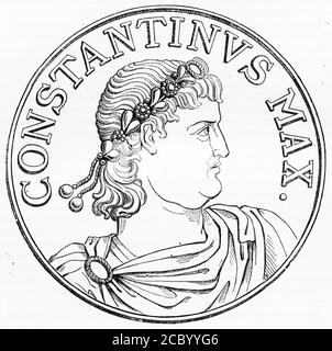 Ritratto inciso di Costantino il Grande (272 - 337), conosciuto anche come Costantino i, un imperatore romano che governò tra il 306 e il 337 d.C. Foto Stock